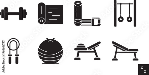 Gym equipment icon set, 8 black silhouette fitness vectors, workout gear for strength training and cardio, athletic exercise tools for home gym isolated PNG with Transparent Background