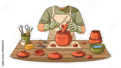Potter in Art Studio: Witness the artistry of a skilled potter as he meticulously crafts ceramics in a well-organized studio setting. The scene evokes a sense of tradition and creative fulfillment.