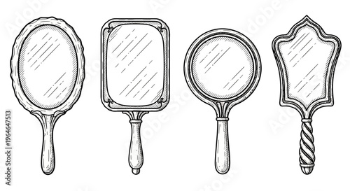 A Collection of Ornate Handheld Mirrors with Different Shapes and Decorative Handles