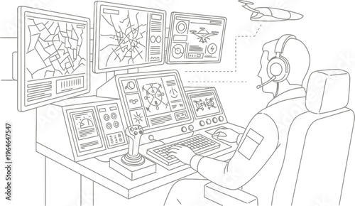 Drone operator monitors complex data feeds and control interfaces while remotely piloting an unmanned aerial vehicle in a mission.