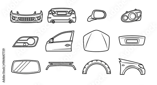 Detailed line art vector icons showcasing a diverse range of exterior automobile parts, ideal for vehicle service and repair concepts