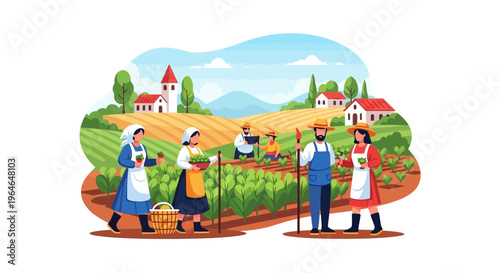 Rural Farm Life: Diverse Farmers and Gardeners Cultivating Crops in a Vibrant Agricultural Landscape with Farmhouses. Sustainable Farming Vector Illustration.
