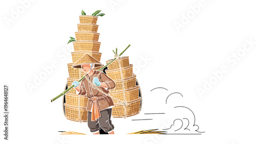 Farmer in Labor: A determined farmer diligently carries a heavy load of straw-filled baskets, embodying hard work and the spirit of rural life.