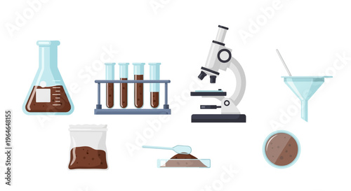 Soil Analysis Laboratory Equipment Set: Flask, Test Tubes, Microscope, and Samples for Scientific Research & Experimentation