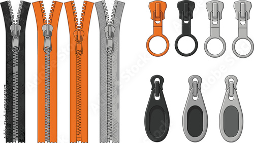Set of zipper fasteners with sliders and pulls isolated on white background clothing accessory vector illustration collection