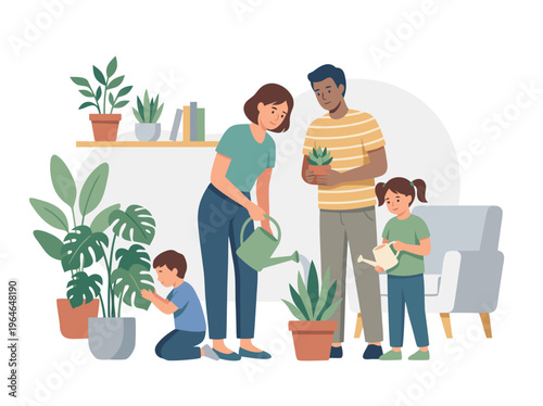 Family happily watering plants indoors.