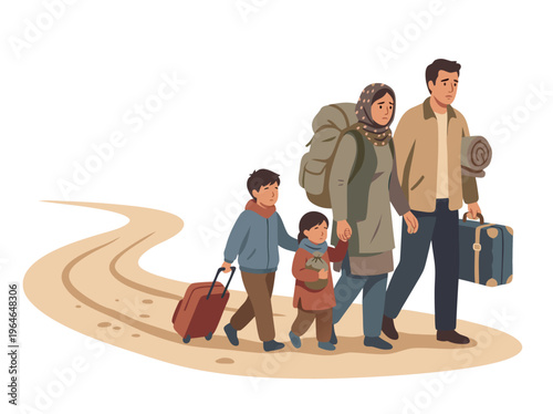 Family of refugees walking on a dusty road with luggage.