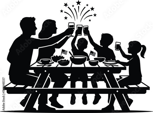 American  independence day celebration Black silhouette family toasting with drinks at picnic table
