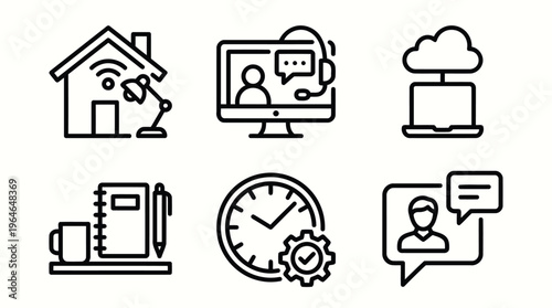 Minimalist black line icons representing home office building, time management, and professional online customer support services.