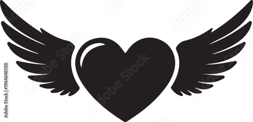 Black silhouette heart with feathered angel wings on white background