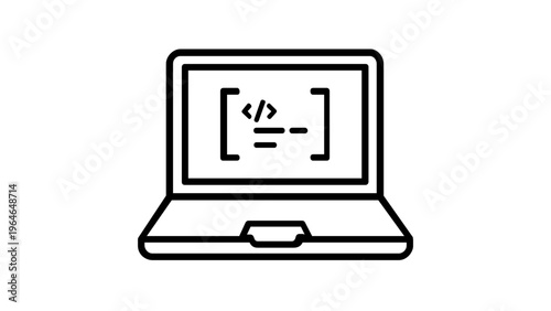 Minimalist black and white vector icon illustration of a laptop computer with programming code symbols on the screen, representing software development, web design, coding, and technology.