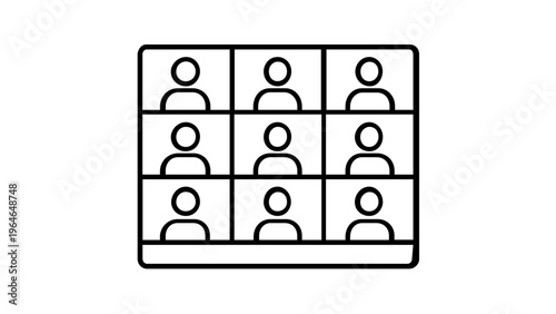 Scalable minimalist vector icon illustration of a video conference interface with a nine-person grid, representing remote work, digital communication, virtual meetings, and online collaboration.