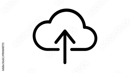 Minimalist cloud upload vector icon illustration featuring a black outline of a cloud with an upward arrow, perfect for web design, data storage, digital backup, and cloud computing concepts.