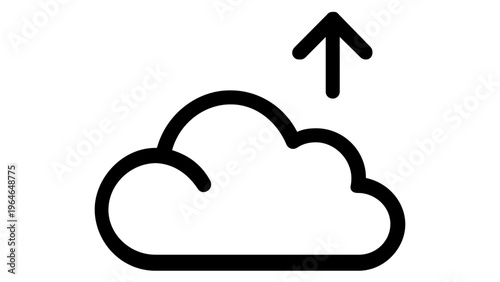 Minimalist cloud upload vector icon illustration featuring a black outline cloud and an upward arrow, perfect for technology, data storage, network computing, and digital backup concepts.