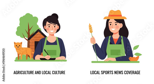 Women in Agriculture & Local Culture: Farming, Rural Community & Sustainable Life Vector Illustrations