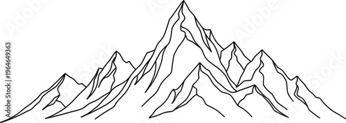 A minimalist black and white line drawing depicts a jagged mountain range with sharply defined peaks and slopes high quality