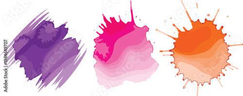 Set of vibrant vector watercolor paint splatters featuring purple pink and orange ink blots with textured splashes for artistic backgrounds and creative graphic design projects.