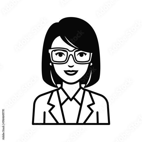 A professional individual wearing glasses and a blazer, exuding confidence and approachability in a simple black-and-white design