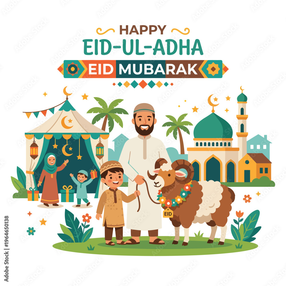 Naklejka premium Muslim family with ram and mosque celebrating eid ul adha festival eid mubarak