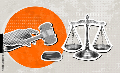 Trendy Halftone Collage Hand strikes judge's gavel and scales. Verdict. Modern photo collage style. Vector illustration