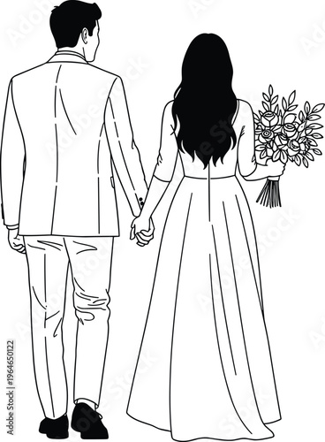 Wedding couple back view illustration featuring bride holding floral bouquet and groom walking hand in hand for romantic marriage ceremony.