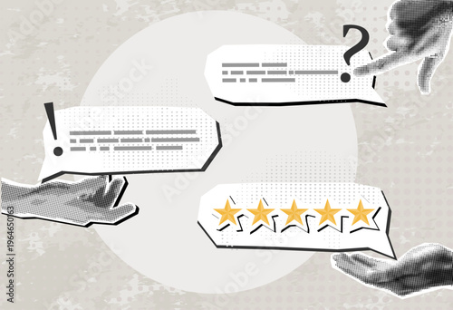 Trendy Halftone Collage speech bubble with hand and five stars. Positive review. Customer feedback. High quality and good business reputation.