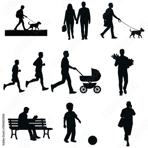 Collection of black silhouettes showing people in daily activities like walking dogs, running, parenting, and working. Lifestyle vector icons set.