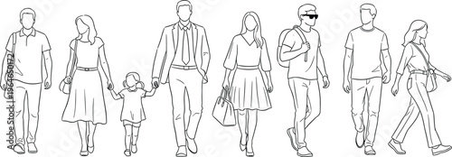Walking people line art illustration featuring a group of men women and child for urban lifestyle and community design projects.