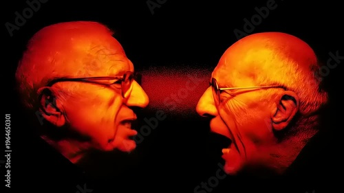 Intense faceoff, fiery communication, old age visages, red communication exchange, dark face expression intensity