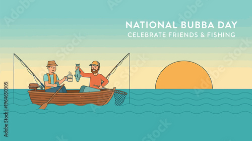 Two friends fishing in boat, one holding fish, other with Bubba mug, celebrating friendship & relaxation, flat cartoon design, muted teal orange hues, vector art.