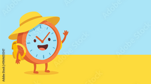 Animated clock character in a sun hat and backpack, waving joyfully, eager for an early adventure, symbolizing freedom and a spontaneous escape in a vibrant flat design with ample blue sky copy space.