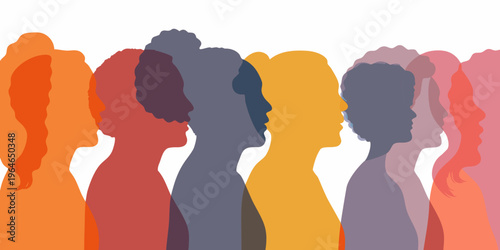 Silhouettes of diverse people facing right in varying vibrant colors