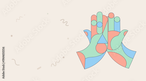 Abstract hands interlocking with gentle geometric forms, portraying nurturing support, symbolizing a cherished family bond and strong connection in minimalist pastel color vector art with clean lines.