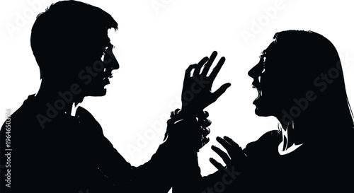 Vector illustration depicting a silhouette of a man violently grabbing a screaming woman's wrist during a domestic dispute.