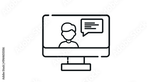 Desktop computer icon with person and speech bubble on screen representing video call, online meeting or virtual chat, black line vector illustration isolated on white.