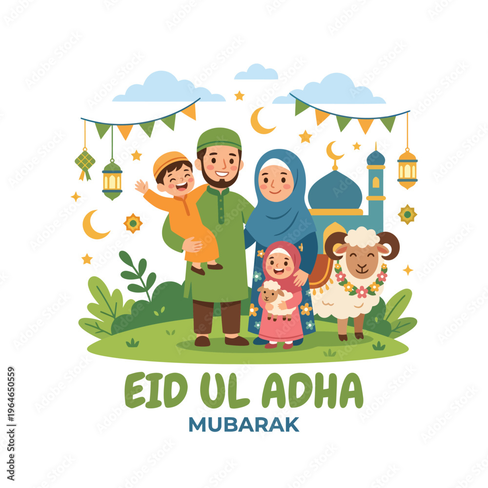 Obraz premium Muslim family celebrating eid ul adha with sheep and mosque celebration 1