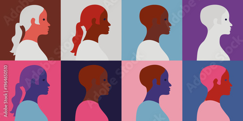 Diverse portraits of women s faces in a colorful geometric grid arrangement