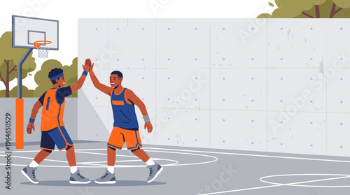 Two male athletes high-fiving on an outdoor basketball court, celebrating camaraderie and team spirit, in a vibrant flat vector illustration with ample copy space.