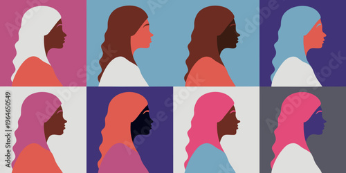 Diverse portraits of women in profile rendered in a flat colorful style