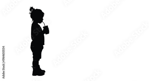 Silhouette vector graphic illustration of a small child drinking from a disposable cup with a straw