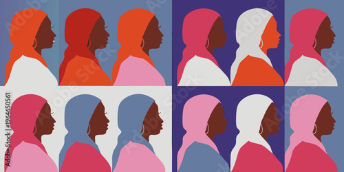 Diverse portraits of women in hijabs arranged in a colorful grid pattern