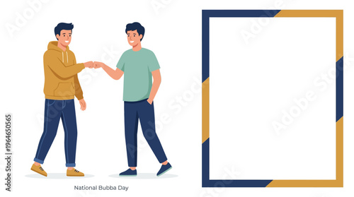 Two smiling male friends fist bumping, celebrating brotherhood next to an empty blue and gold decorative frame in modern flat vector art on a white background with copy space.