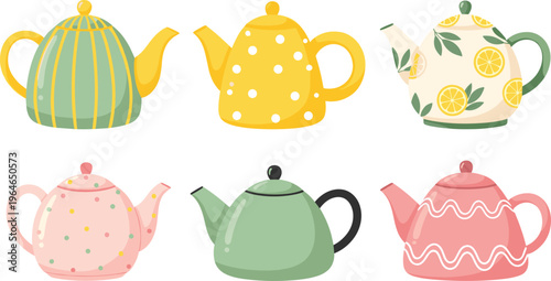 Teapot Vector Set with Decorative Ceramic Kettles Featuring Floral, Lemon and Pattern Designs for Kitchen, Tea Time, Home Decor and Beverage Illustration