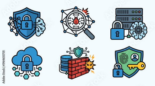Advanced cyber intelligence and server defense mechanism icons for information security