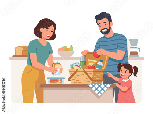 Family preparing picnic basket for outdoor meal.