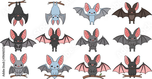 Cute Bat Character Vector Set with Flying, Hanging and Sitting Poses for Halloween, Wildlife, Night Animal Illustration and Cartoon Design Collection