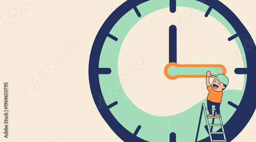 Smiling cartoon character climbing a ladder to move a large wall clock hand backward, representing leaving work early and achieving time freedom, presented in a clean, minimalist flat design.