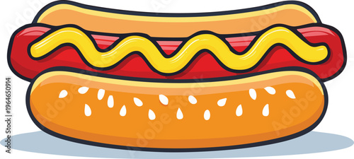A delicious cartoon illustration of a classic hot dog loaded with mustard, perfect for food-related designs and themes