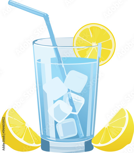 Refreshing lemonade with ice and lemon slices in a tall glass with a straw and copy space, perfect for summer drinks and beverage advertising