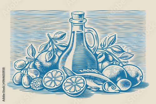 Vintage still life featuring oil bottle citrus fruits and a fish